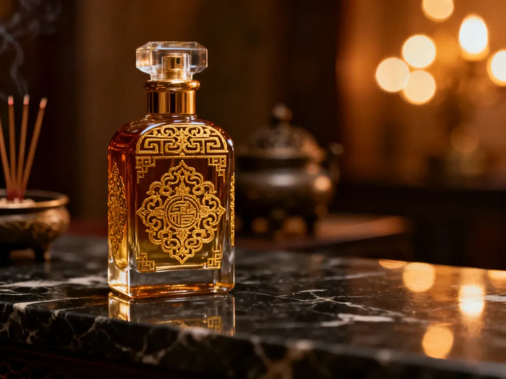 Elegancki flakon perfum z orientalnymi zdobieniami na marmurowym blacie w otoczeniu ciepłych świateł.