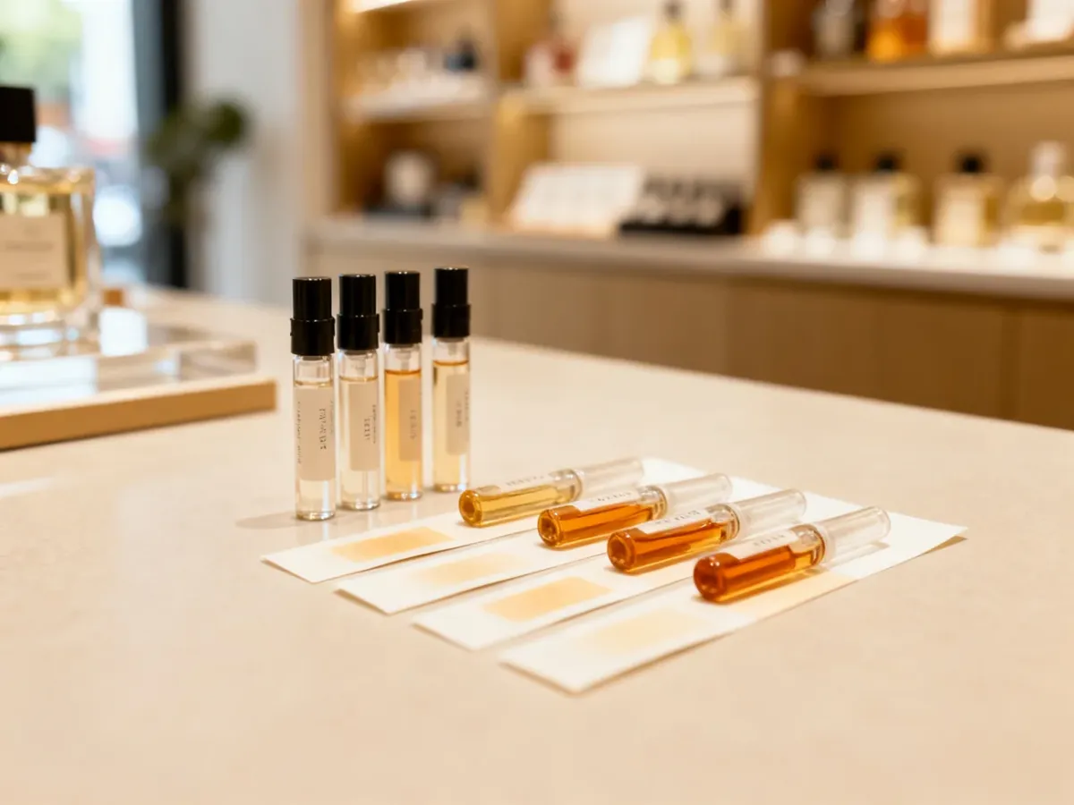 Zestaw próbek perfum niszowych przygotowany do testowania