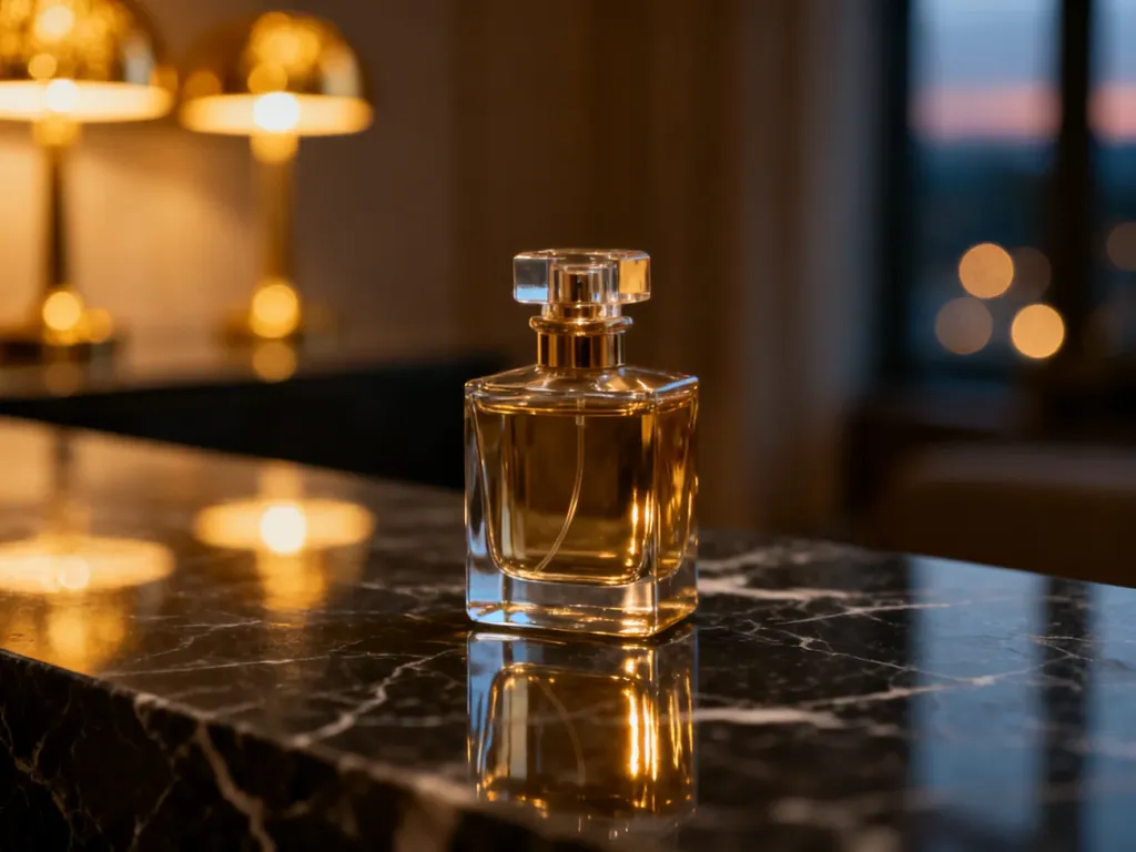 Elegancki flakon perfum na ciemnym marmurowym blacie w ciepłym, wieczorowym oświetleniu.