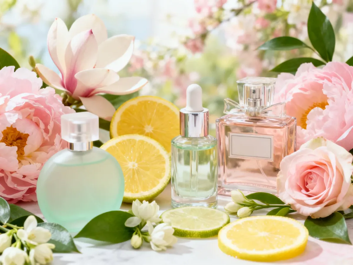 Perfumy damskie wiosną otoczone cytrusami i świeżymi kwiatami
