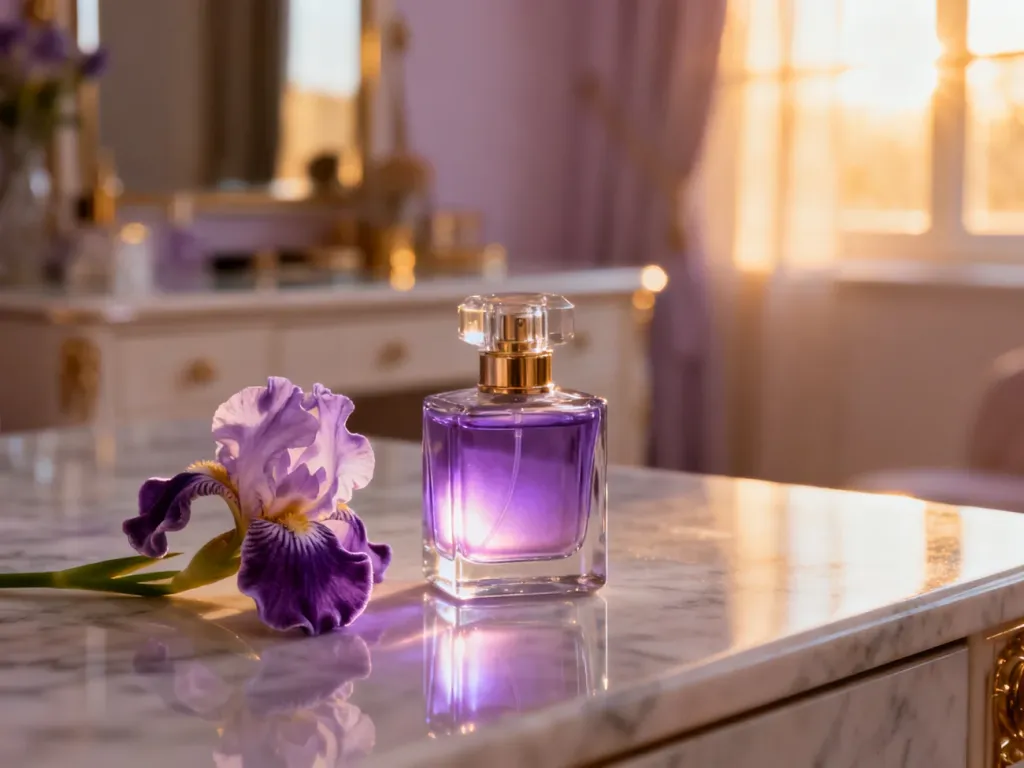 Elegancki flakon perfum z fioletowym płynem obok świeżego kwiatu irysa na marmurowym blacie w promieniach słońca.