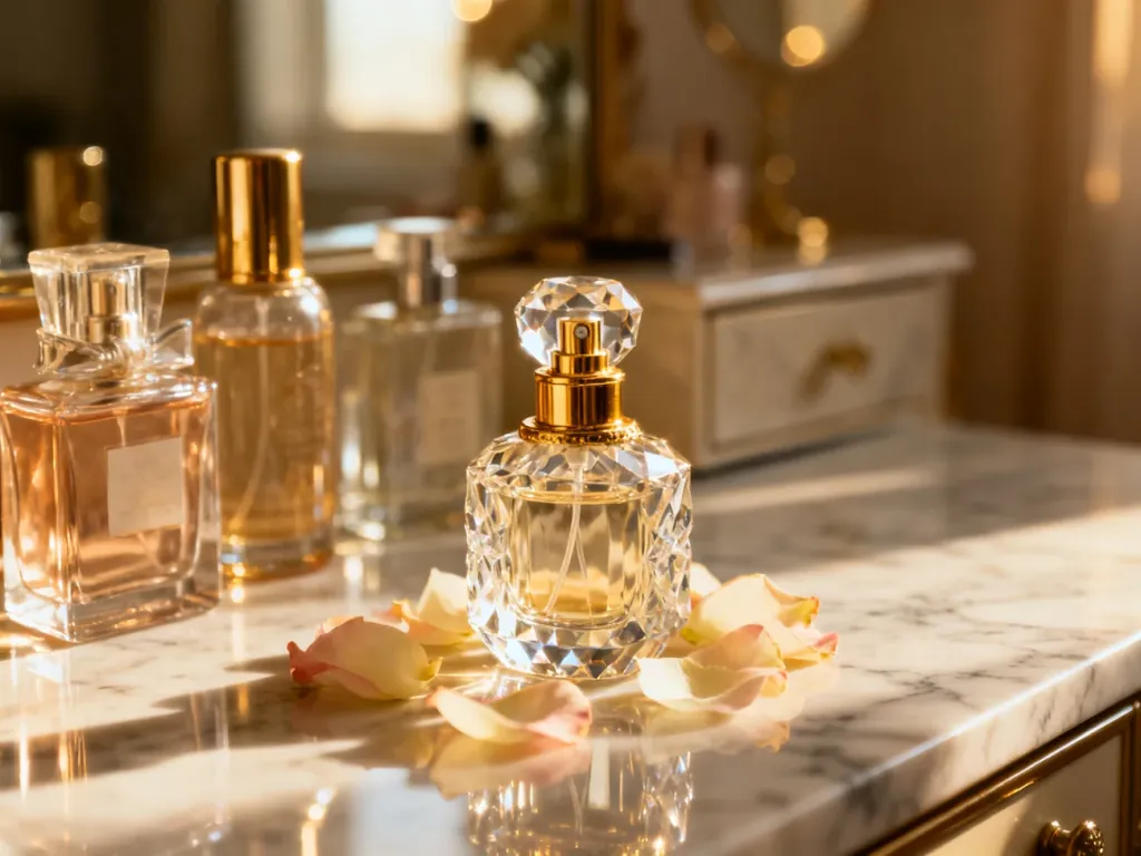 Eleganckie flakony perfum na marmurowym blacie w otoczeniu kwiatów, tworzące luksusową i estetyczną atmosferę.