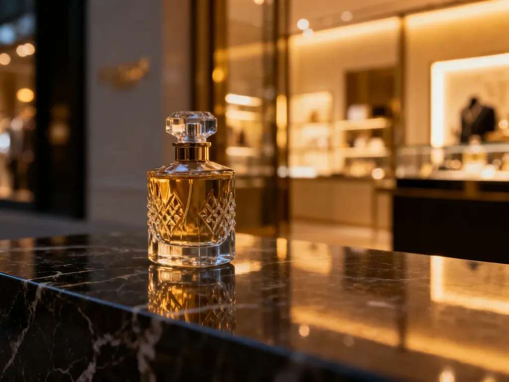 Luksusowy flakon męskich perfum na marmurowym blacie w eleganckim butiku o ciepłym, wieczorowym oświetleniu.