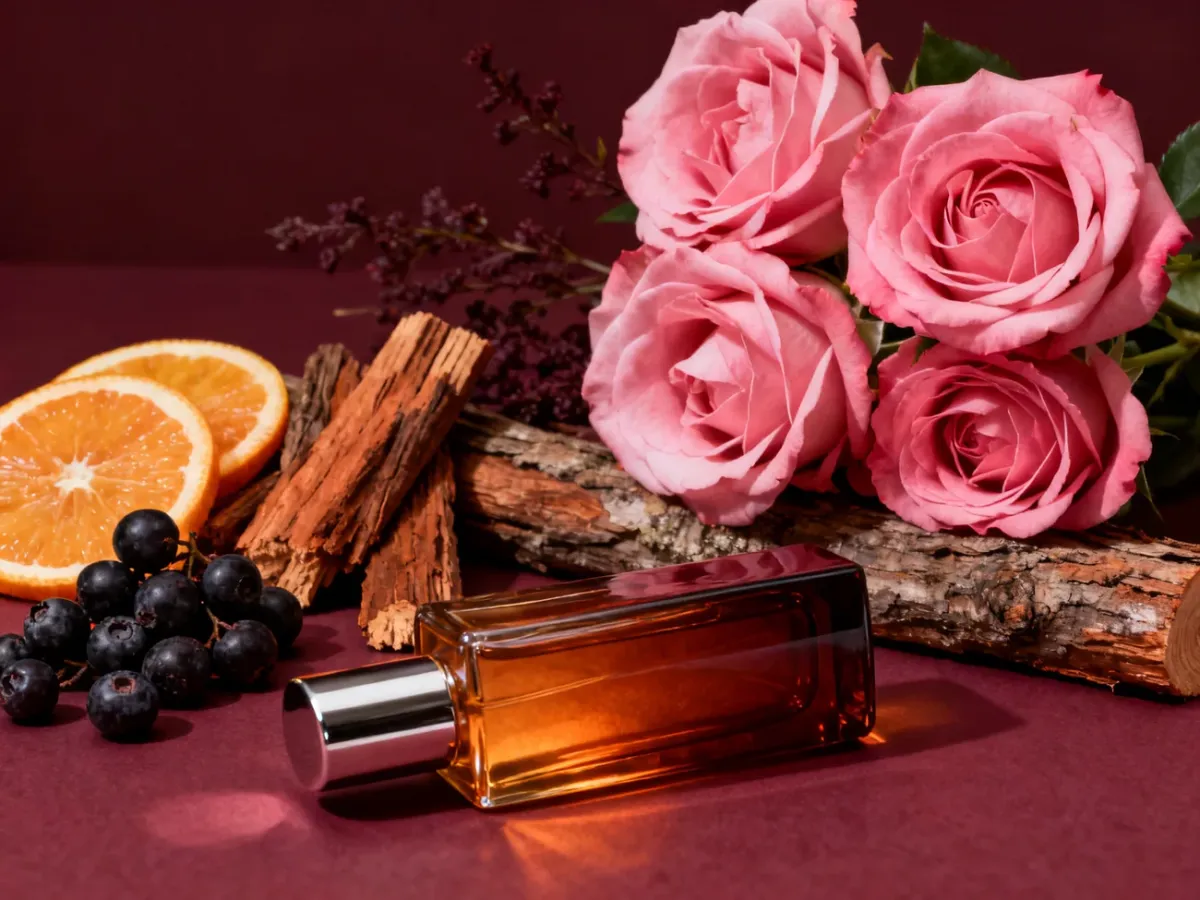 Perfumy różane otoczone różami, cytrusami, owocami i drewnem cedrowym