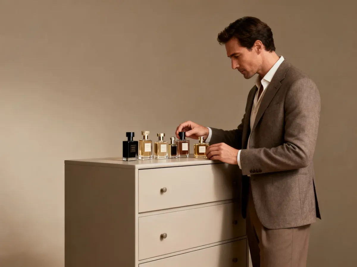Mężczyzna wybierający perfumy przy eleganckiej toaletce