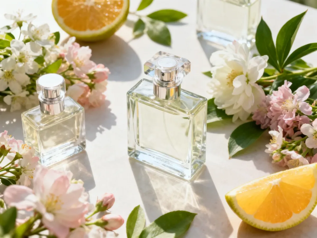Perfumy otoczone wiosennymi kwiatami, cytrusami i zielonymi liśćmi