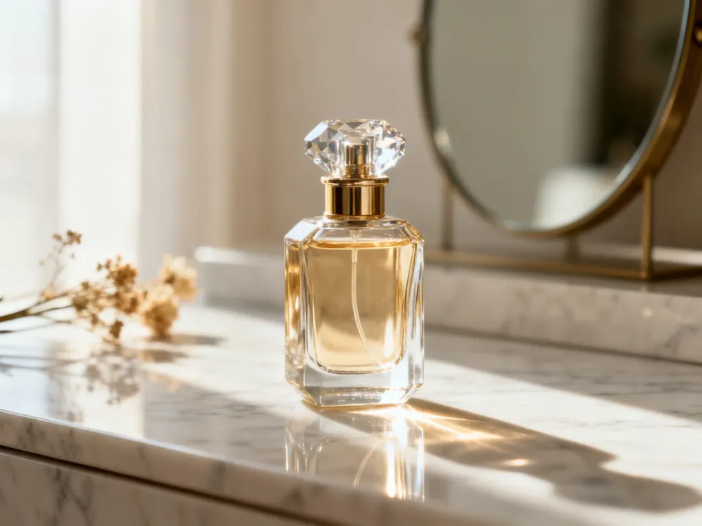 Elegancki flakon perfum na marmurowym blacie w promieniach słońca, podkreślający estetykę i jakość oferowanych produktów.