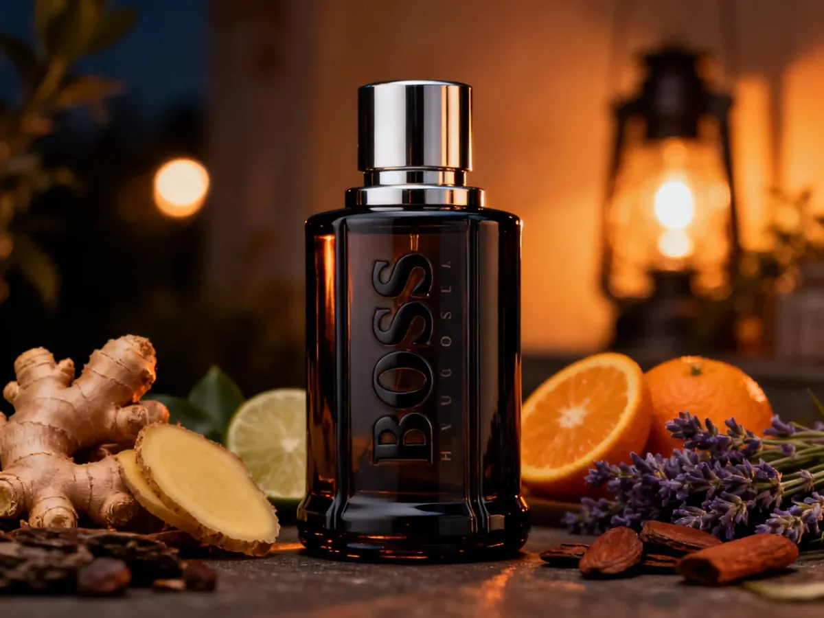 Elegancka butelka męskich perfum otoczona składnikami zapachowymi w ciepłym, wieczornym świetle