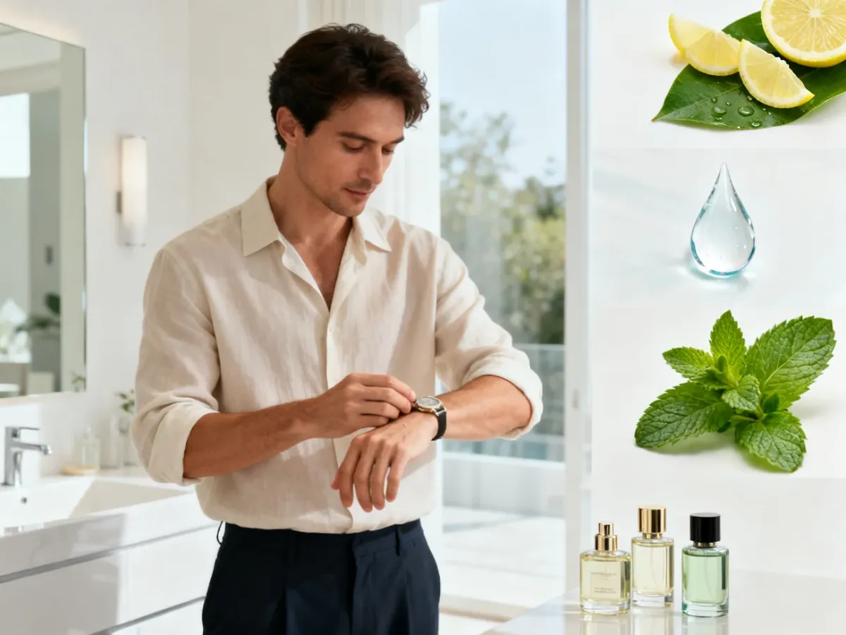 Mężczyzna testujący różne profile letnich perfum na skórze
