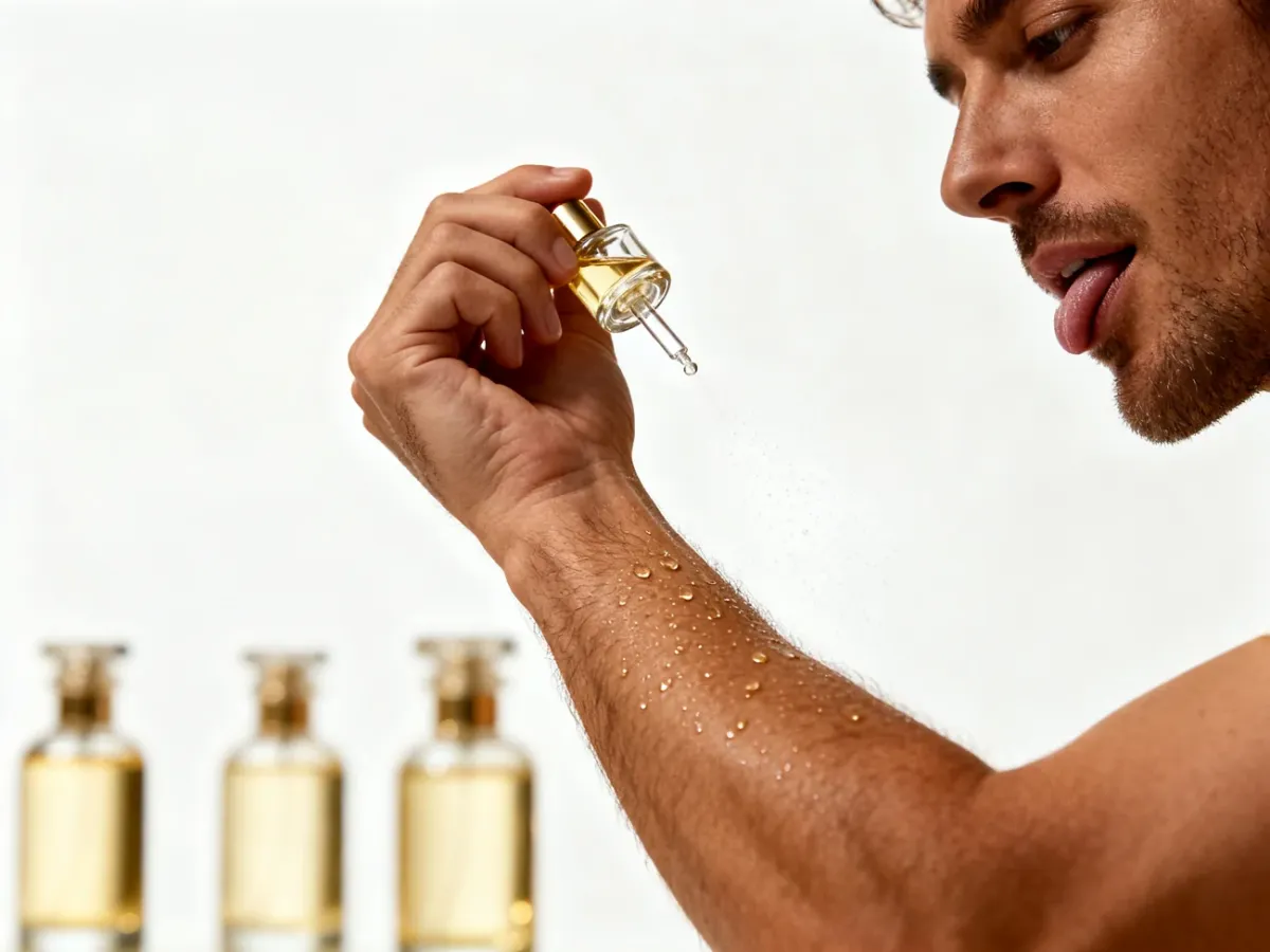 Mężczyzna testujący perfumy na nadgarstku