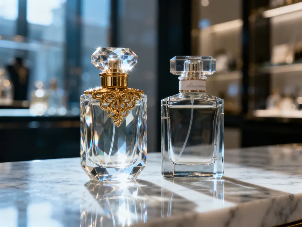Porównanie oryginalnego flakonu perfum z widocznymi detalami wysokiej jakości oraz taniej podróbki z niedoskonałościami.