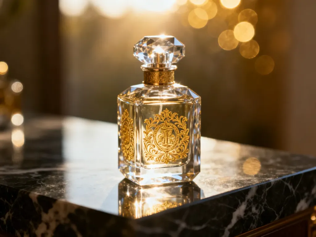 Luksusowy flakon perfum Versace na marmurowym blacie w otoczeniu eleganckich, złotych świateł.