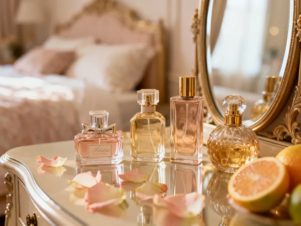 Eleganckie flakony damskich perfum na toaletce w otoczeniu kwiatów i cytrusów