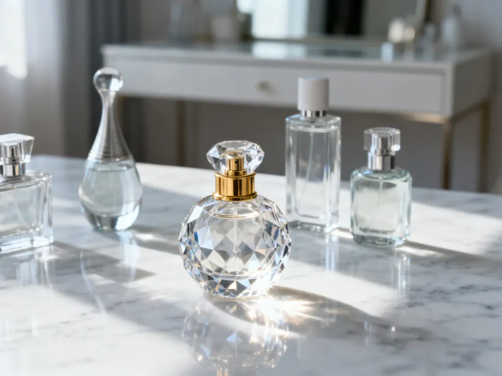 Eleganckie szklane flakony perfum ustawione na marmurowym blacie w jasnym, luksusowym wnętrzu.