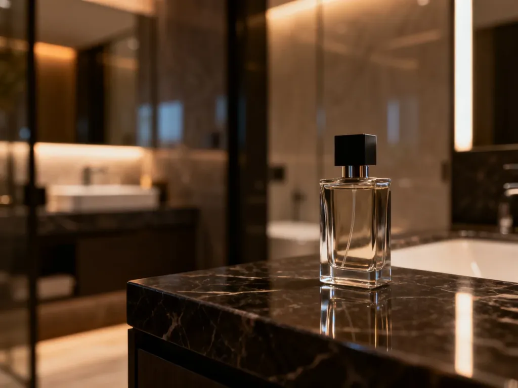 Elegancki flakon perfum Lacoste na ciemnym marmurowym blacie w nowoczesnej łazience.