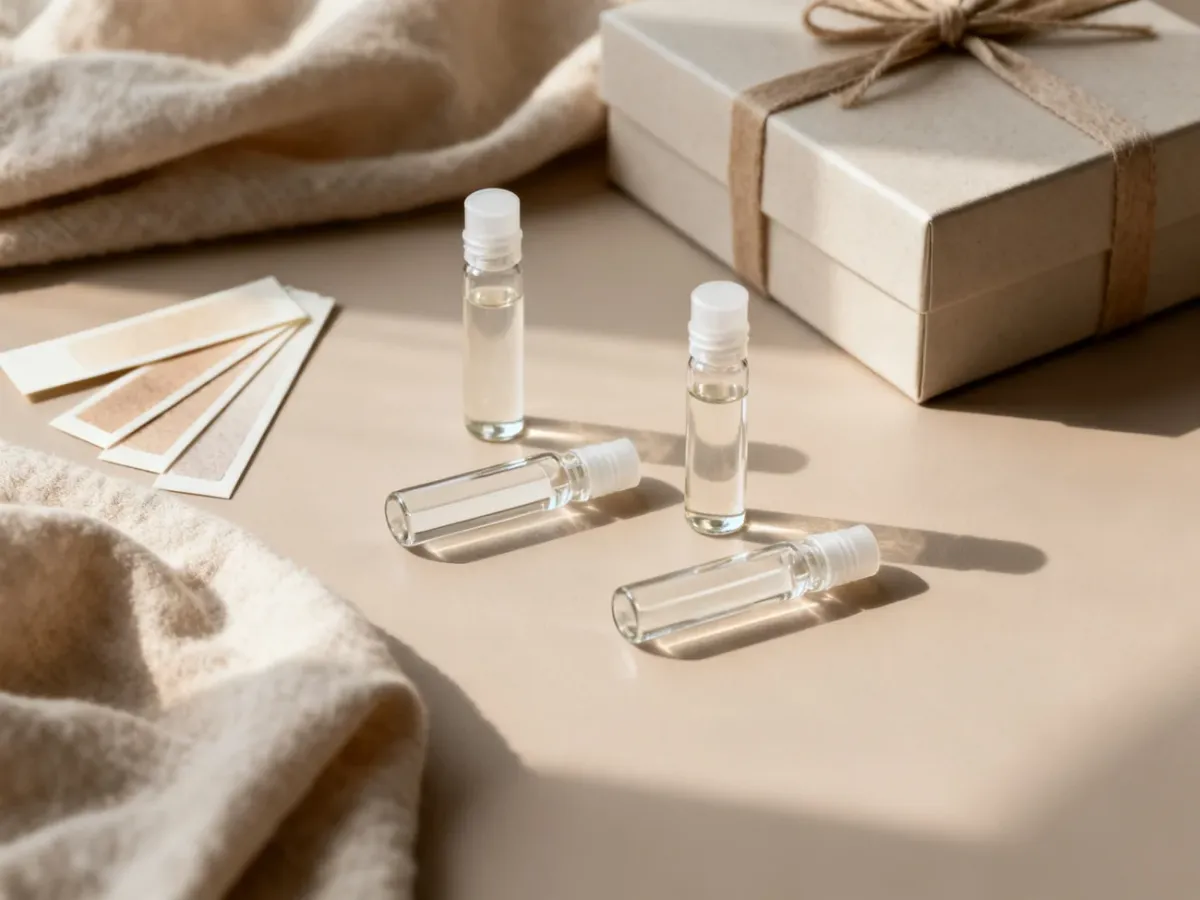 Zestaw próbek niszowych perfum na minimalistycznym stole