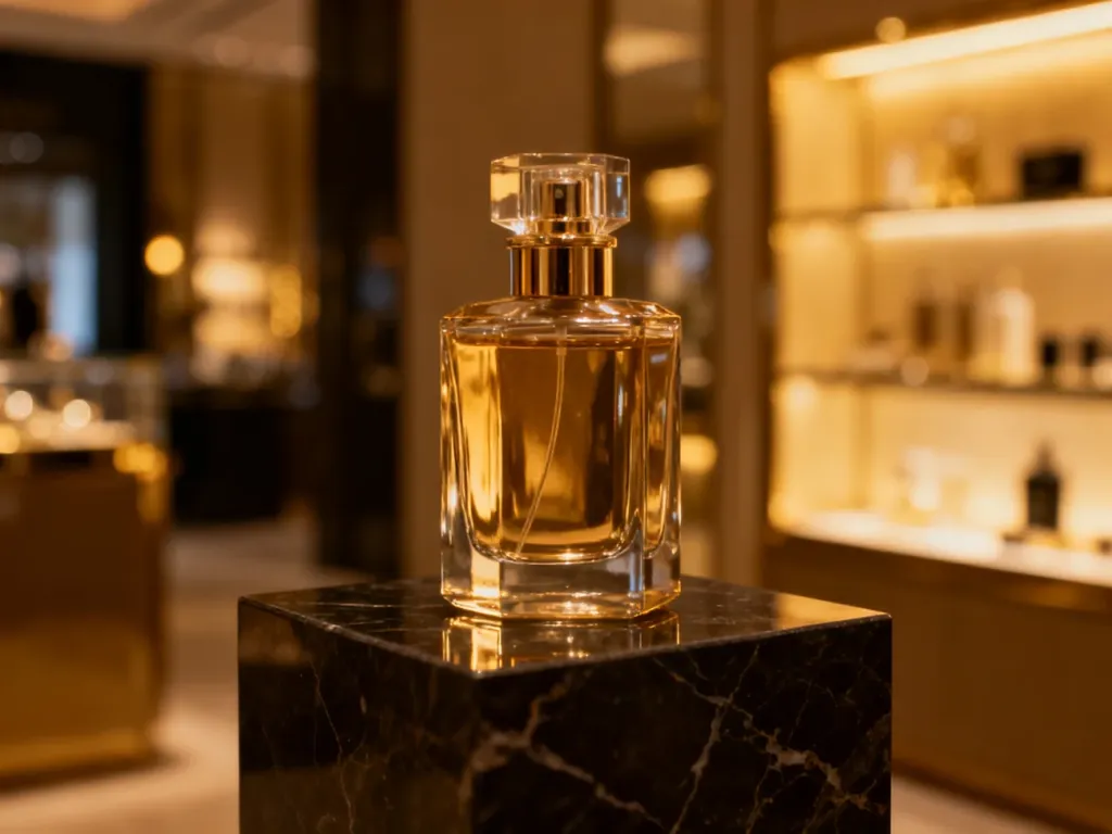 Elegancki flakon perfum premium na marmurowym postumencie w luksusowym wnętrzu butiku.