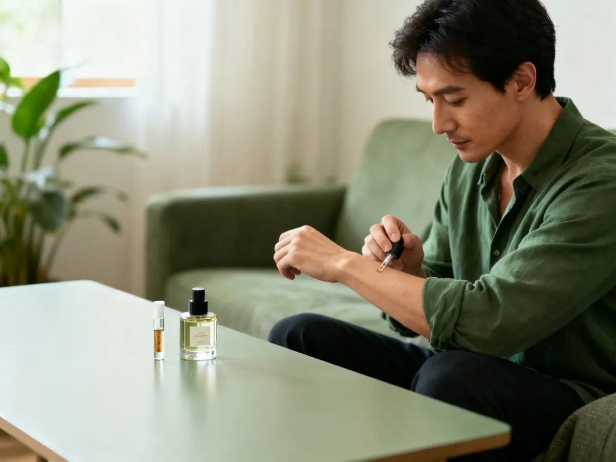 Mężczyzna testujący perfumy na nadgarstku przed zakupem