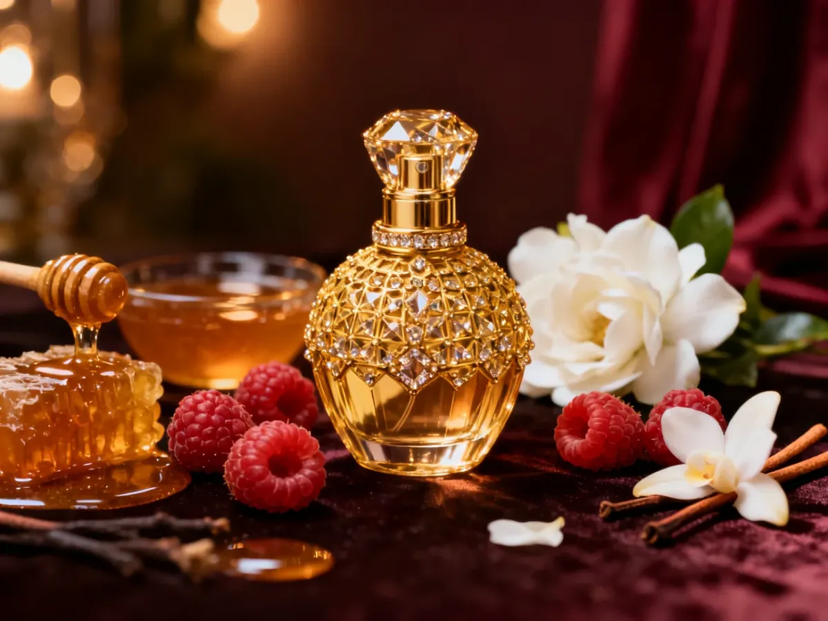Elegancki złoty flakon perfum otoczony malinami, białymi kwiatami i ciepłymi akordami wanilii