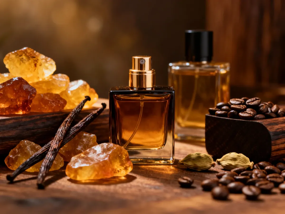 Męskie perfumy w ciepłej, wieczorowej aranżacji z ambrą, wanilią i kawą
