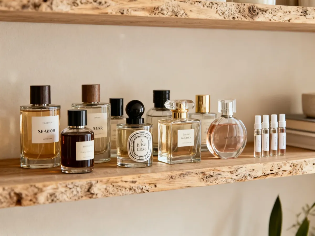 Uporządkowana kolekcja perfum z flakonami i próbkami