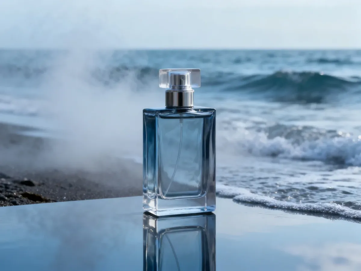 Flakon perfum na tle chłodnego, morskiego krajobrazu