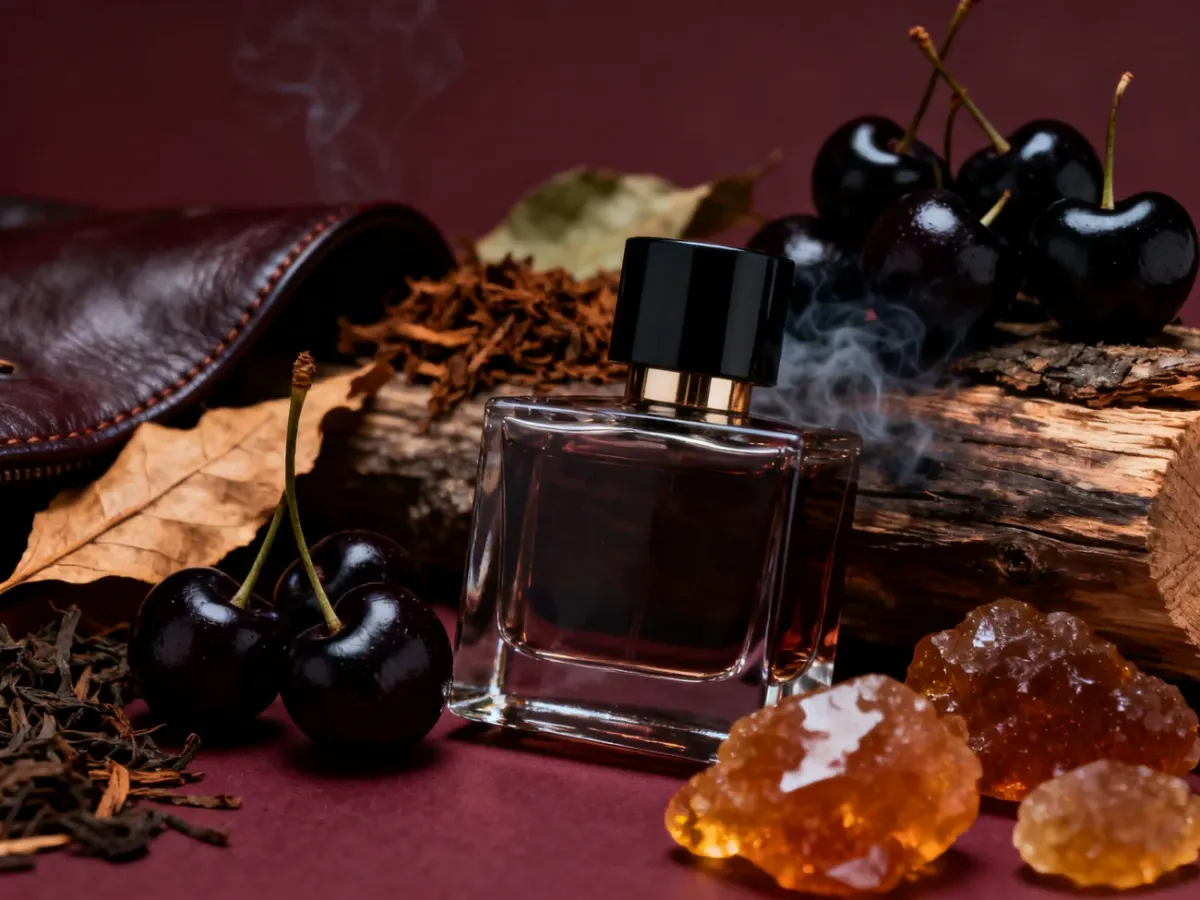Flakon perfum otoczony ciemnymi wiśniami, skórą, tytoniem i dymnym drewnem