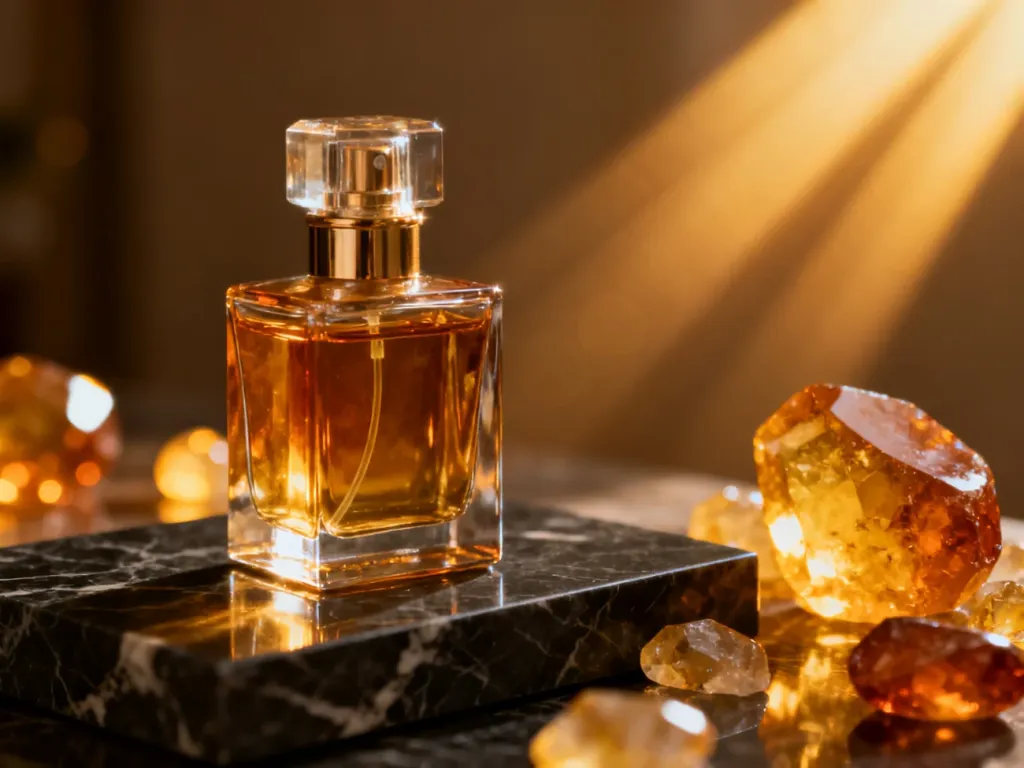 Elegancki flakon perfum z bursztynowym płynem na marmurowym blacie w otoczeniu lśniących kryształów ambry.