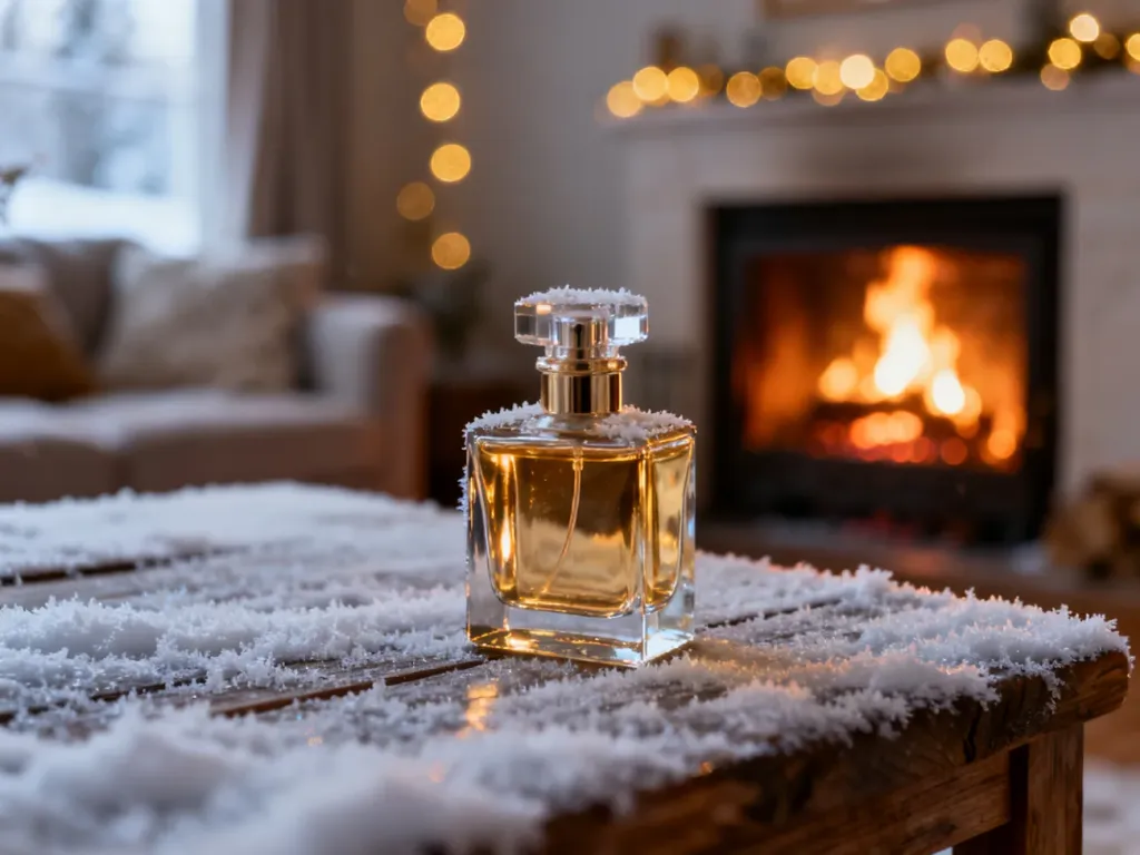 Elegancki flakon perfum na oszronionym drewnie na tle przytulnego salonu z kominkiem, podkreślający zimowy klimat zapachu.