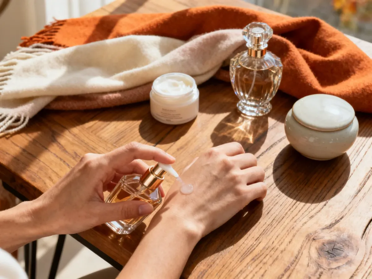 Aplikowanie perfum na nadgarstek obok szalika i kosmetyku nawilżającego