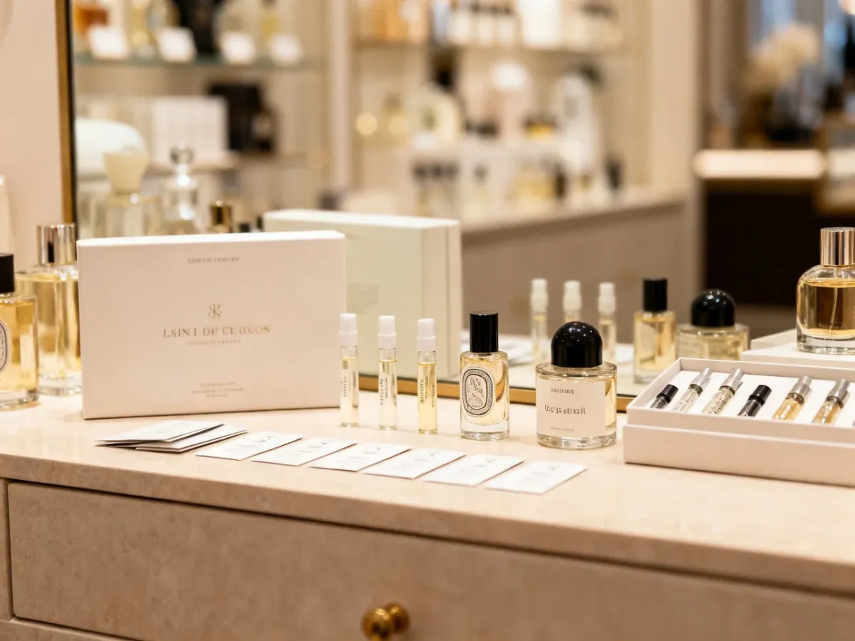 Zestawy odkrywcze, małe flakony i próbki perfum niszowych na eleganckiej toaletce