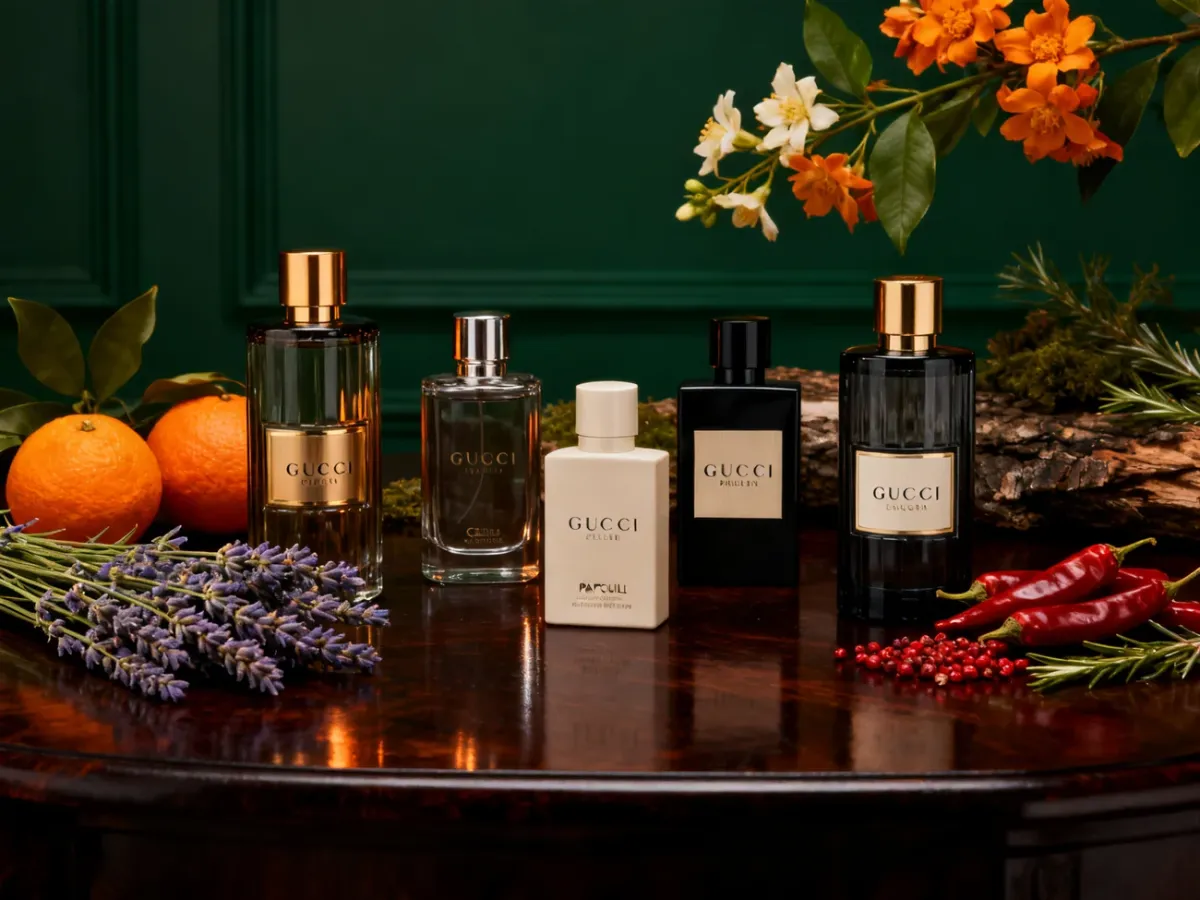 Męskie flakony perfum otoczone lawendą, kwiatami pomarańczy i akordami drzewnymi