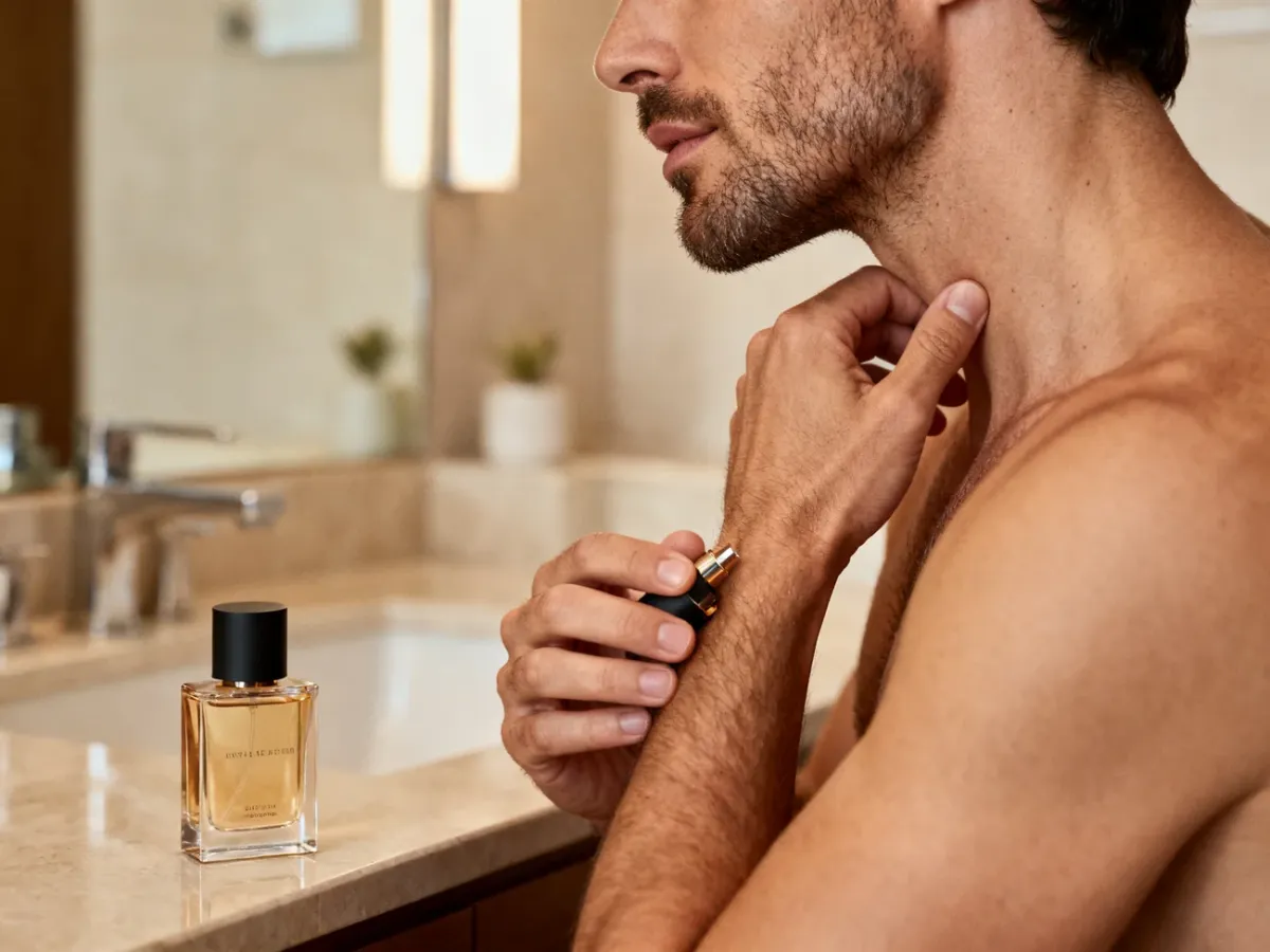 Mężczyzna aplikujący perfumy na nadgarstek i szyję