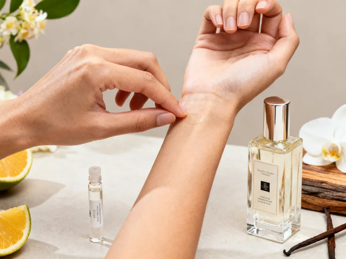 Testowanie próbki perfum na nadgarstku przed zakupem pełnego flakonu