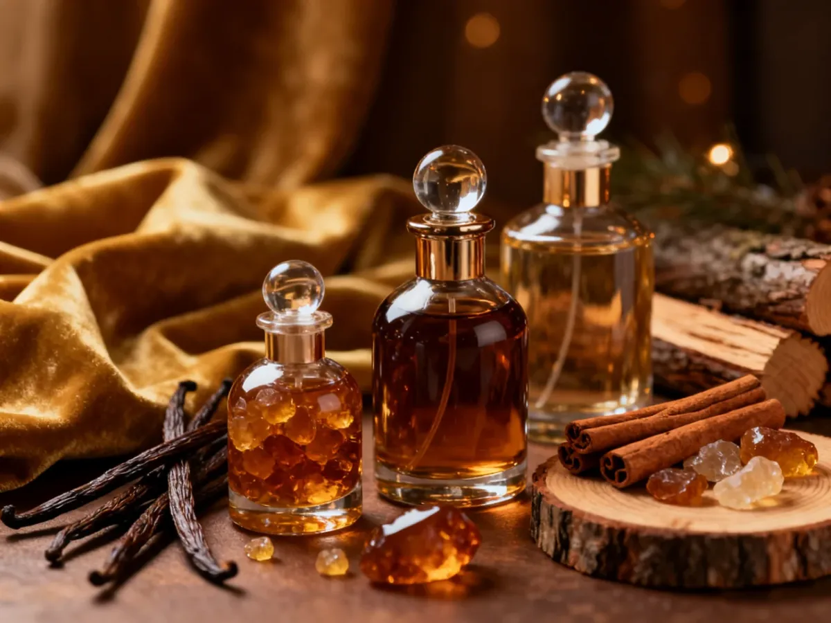 Eleganckie flakony perfum otoczone wanilią, ambrą, cynamonem i drewnem