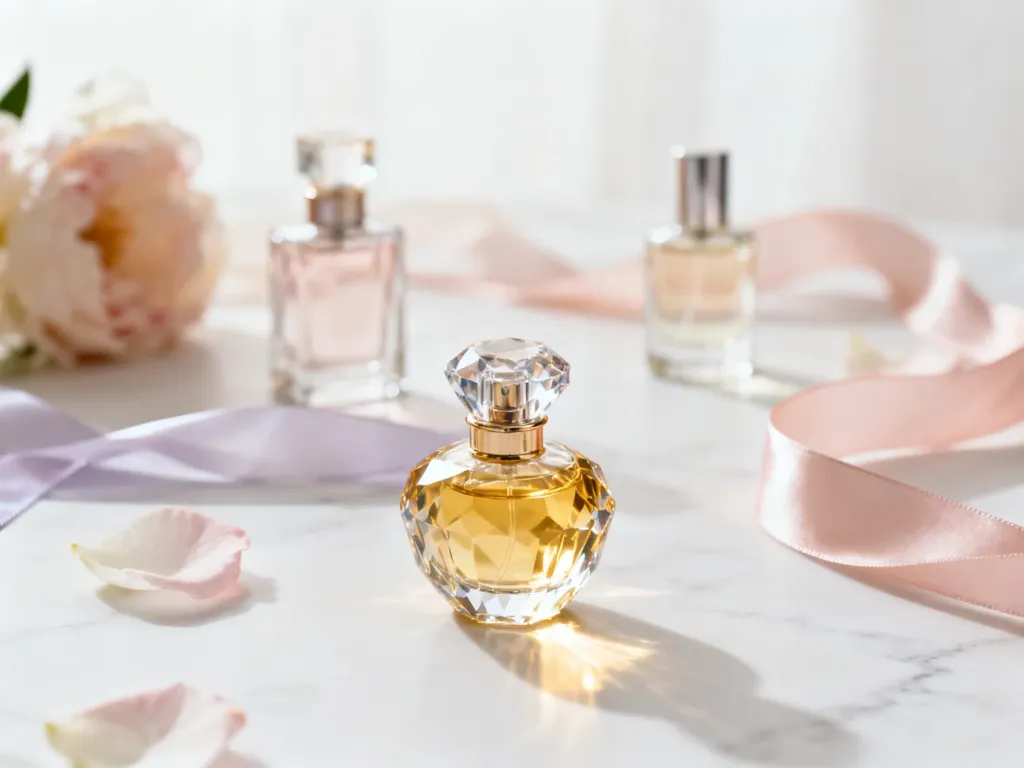 Eleganckie flakony perfum na marmurowym blacie w otoczeniu kwiatów i jedwabnych wstążek, podkreślające luksusowy charakter zapachu.
