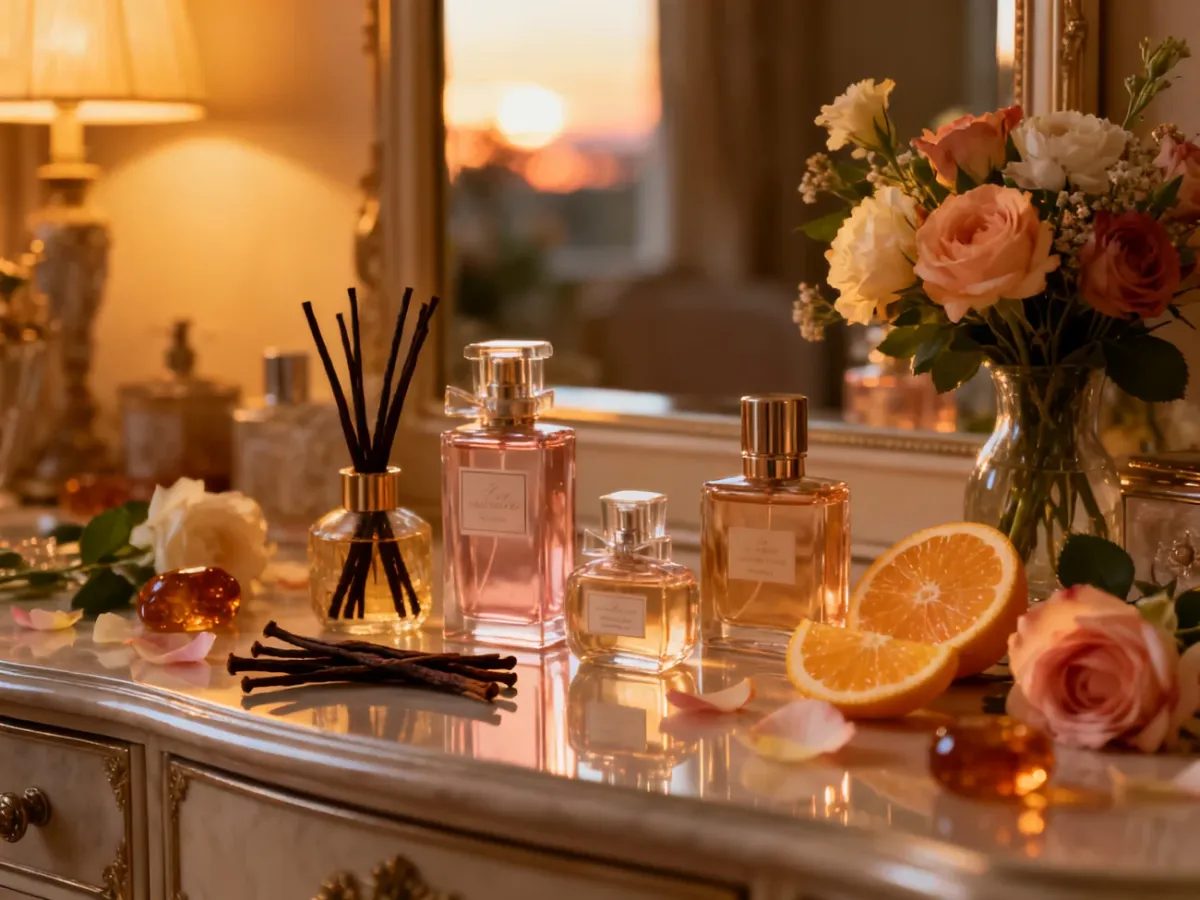 Perfumy damskie otoczone kwiatami i składnikami zapachowymi