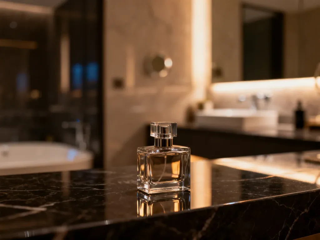 Elegancki flakon męskich perfum na ciemnym marmurowym blacie w nastrojowym, nowoczesnym wnętrzu.
