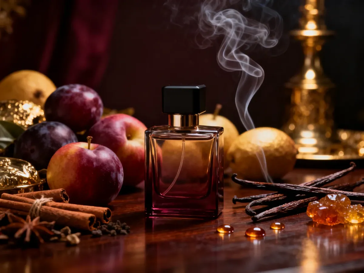 Orientalne składniki i ciemne drewno wokół flakonu wieczorowych perfum
