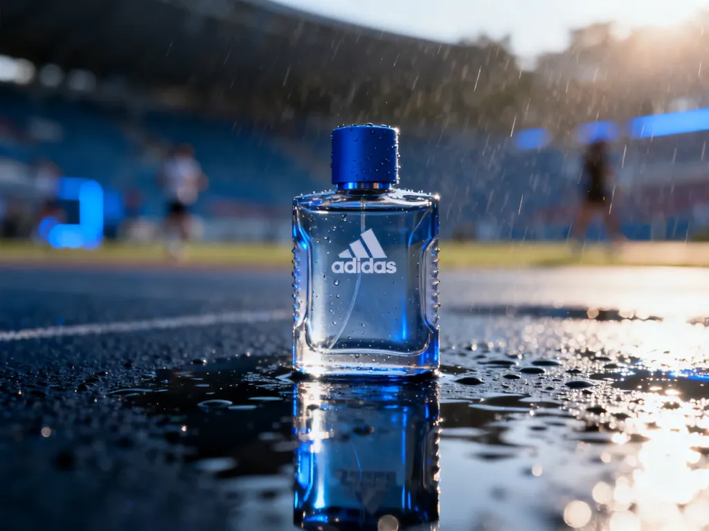 Elegancki flakon męskich perfum Adidas na mokrej, odbijającej światło powierzchni w sportowej, dynamicznej scenerii.