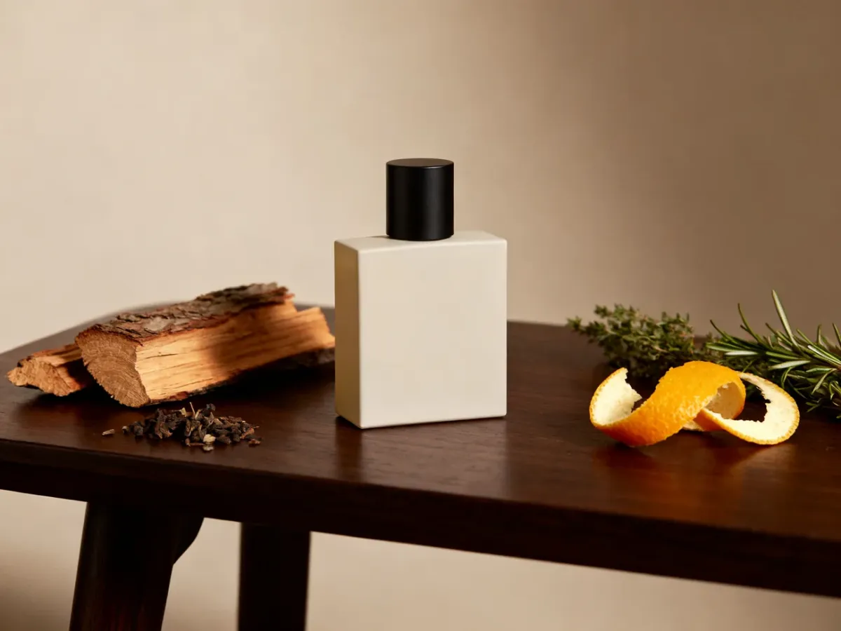 Minimalistyczny flakon męskich perfum w otoczeniu drewna i składników zapachowych