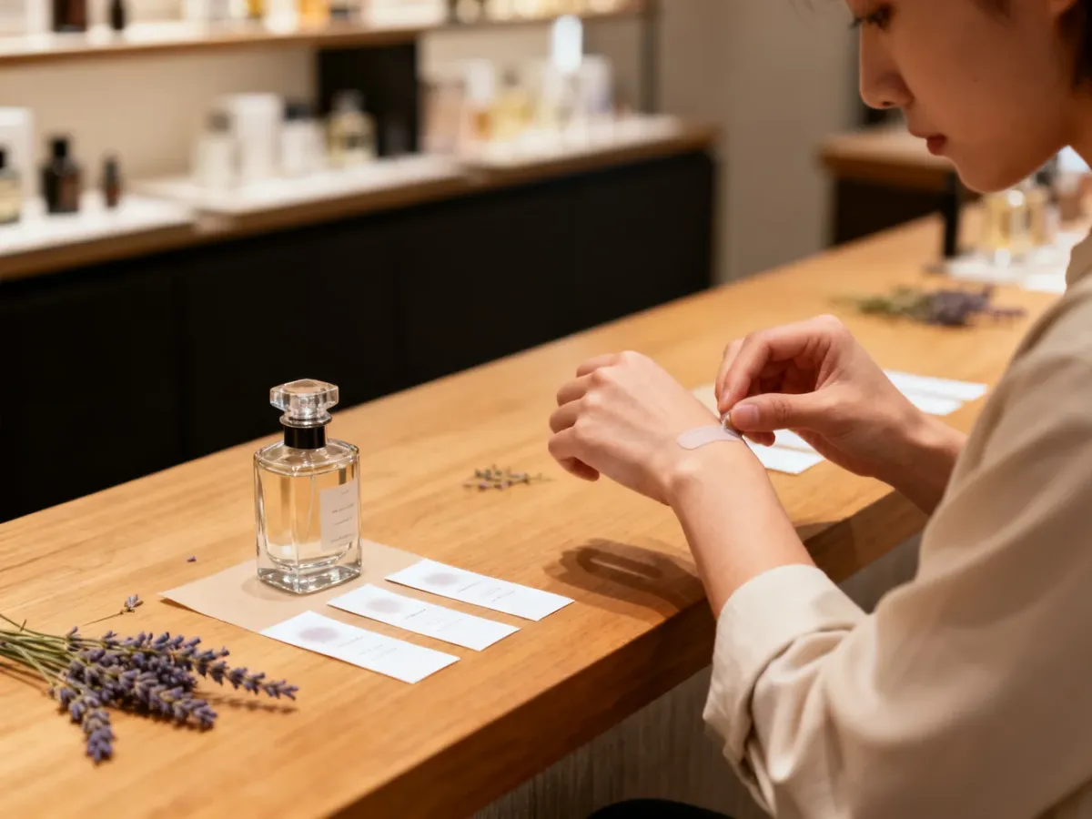 Testowanie perfum na skórze obok flakonu i pasków zapachowych