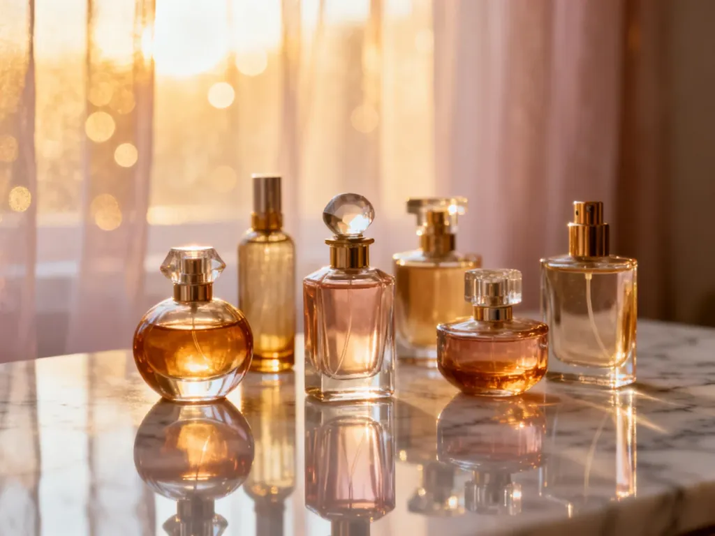 Eleganckie flakony perfum na marmurowym blacie w promieniach porannego słońca, tworzące luksusową i nastrojową kompozycję.