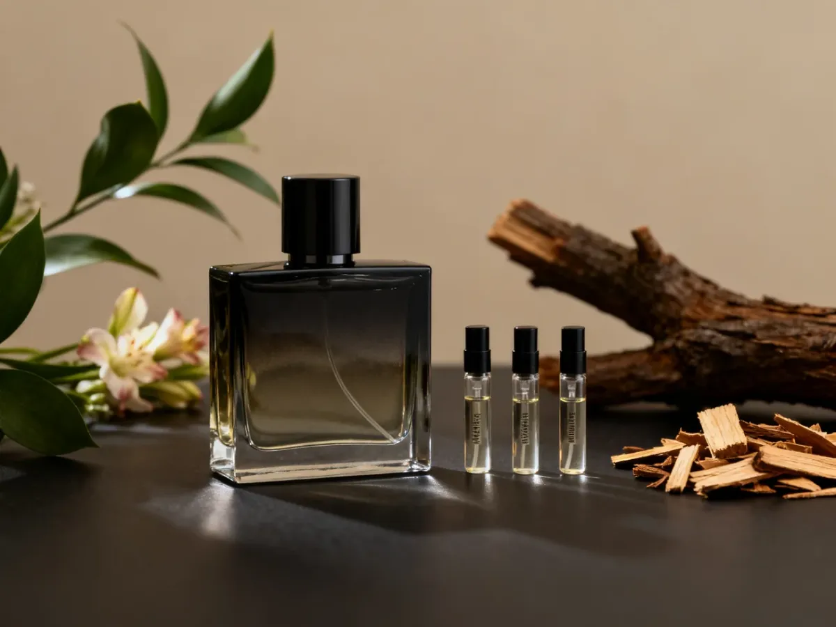 Kolekcja męskich flakonów perfum i próbek zapachów