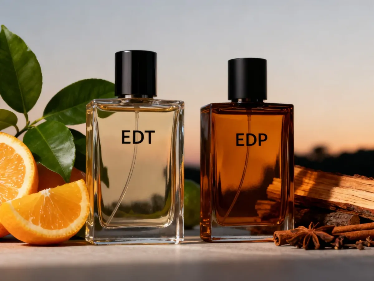 Dwa flakony perfum zestawione z lekkimi cytrusami i intensywnymi nutami drzewno-korzennymi