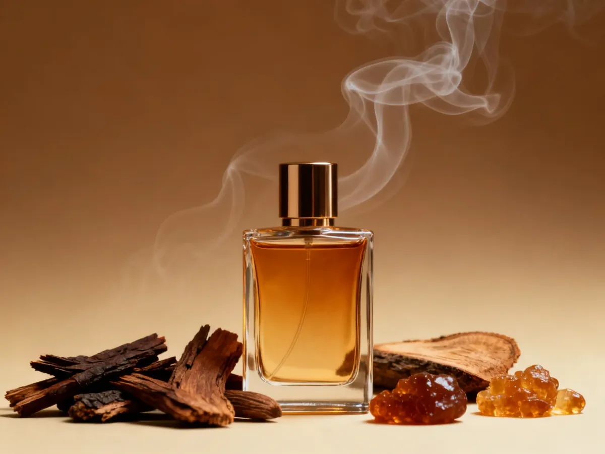 Flakon perfum otoczony ciężkimi składnikami bazy zapachowej