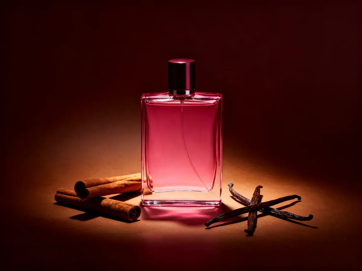 Różowy flakon męskich perfum otoczony wanilią i cynamonem