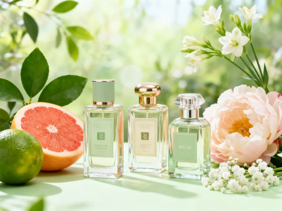 Perfumy otoczone cytrusami, zielonymi liśćmi i wiosennymi kwiatami
