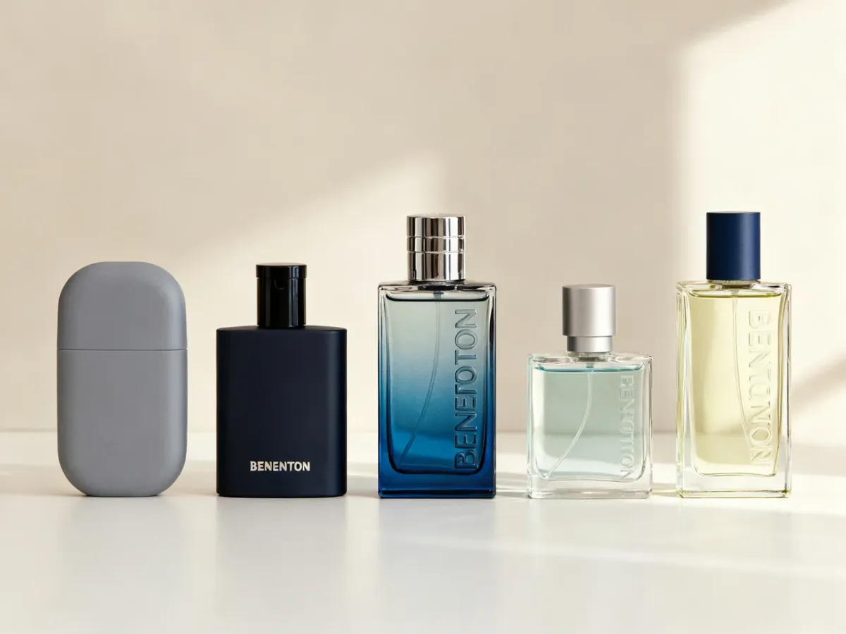 Kolekcja nowoczesnych męskich perfum Benetton na jasnej powierzchni