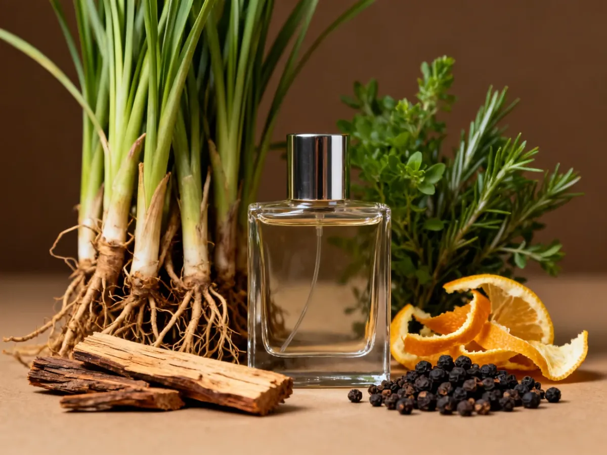 Flakon perfum otoczony korzeniami wetiweru, cytrusami i przyprawami